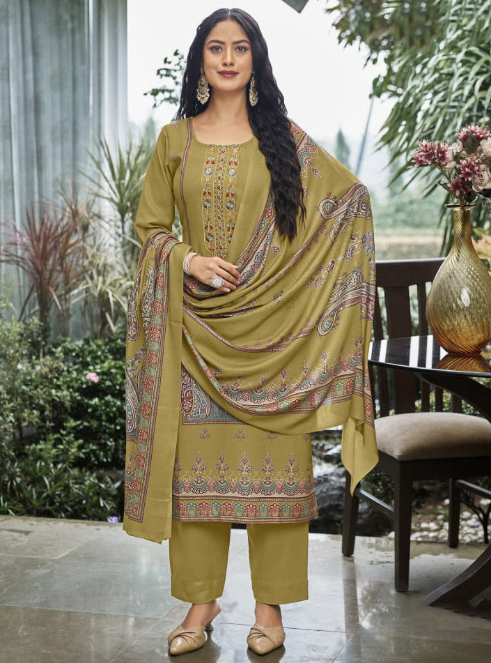 Mehendi Green Pashmina Unstitched Winter Suit Dress Material with Embroidery
