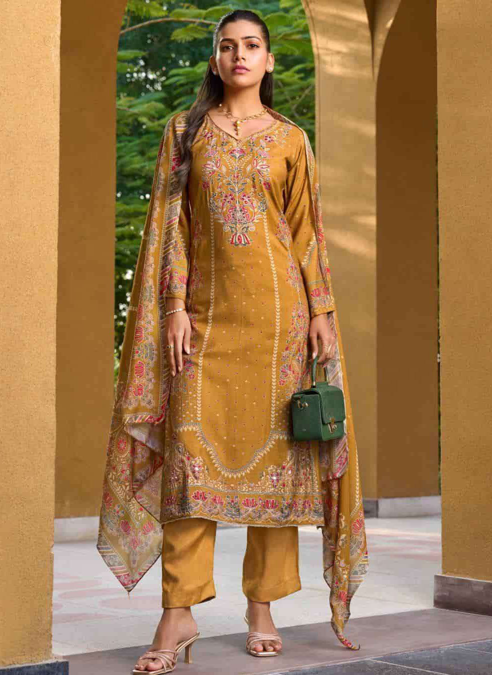 Party Wear Muslin Mustard Unstitched Suit Dress Material for Women