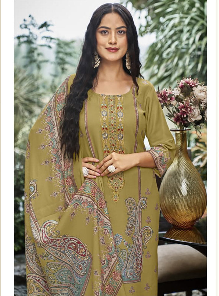 Mehendi Green Pashmina Unstitched Winter Suit Dress Material with Embroidery