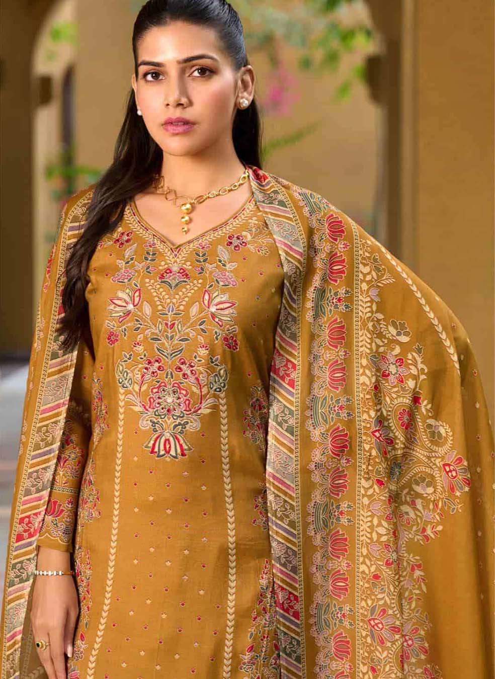 Party Wear Muslin Mustard Unstitched Suit Dress Material for Women