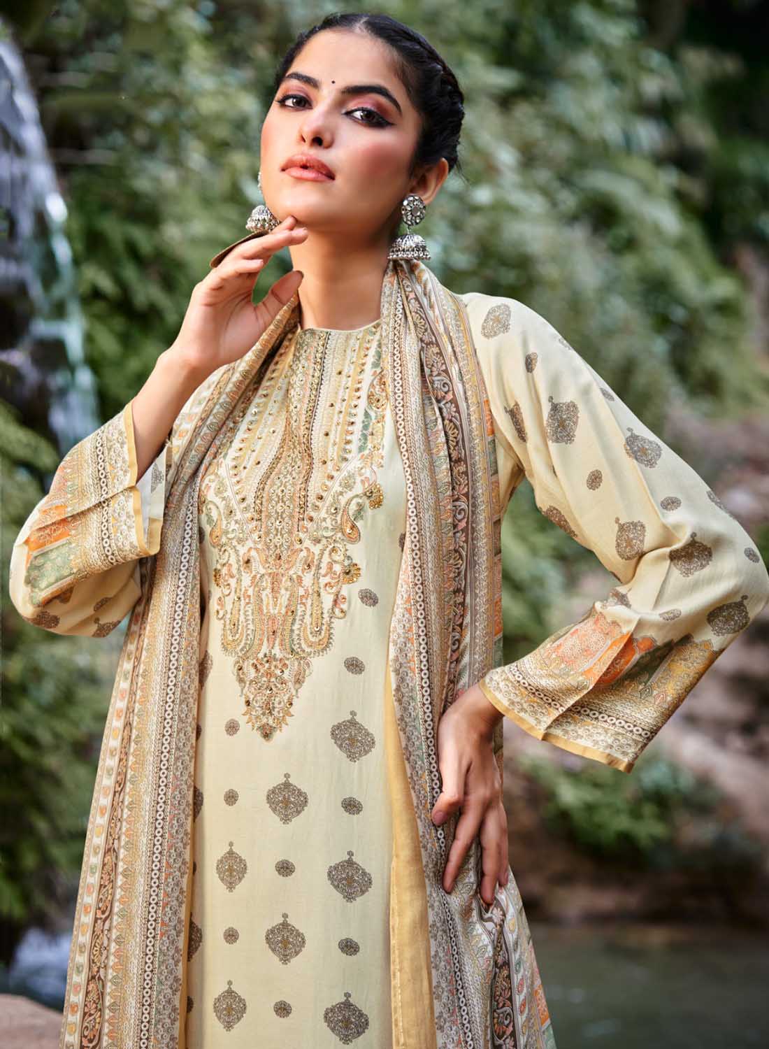 Beige Unstitched Pashmina Winter Suit Set Dress Material for Women