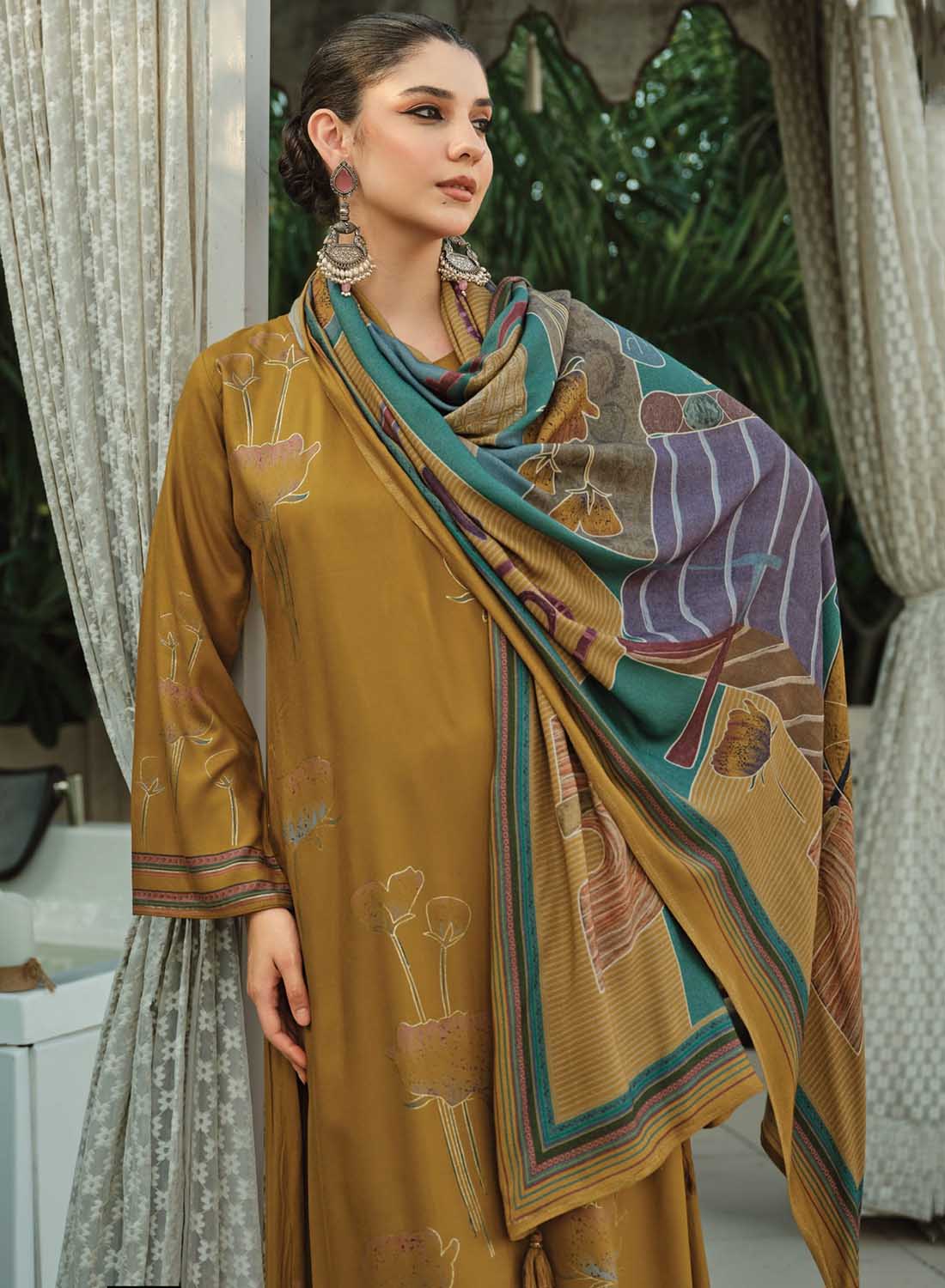 Mustard Pashmina Foil Print Unstitched Winter Suit Material with Embroidery
