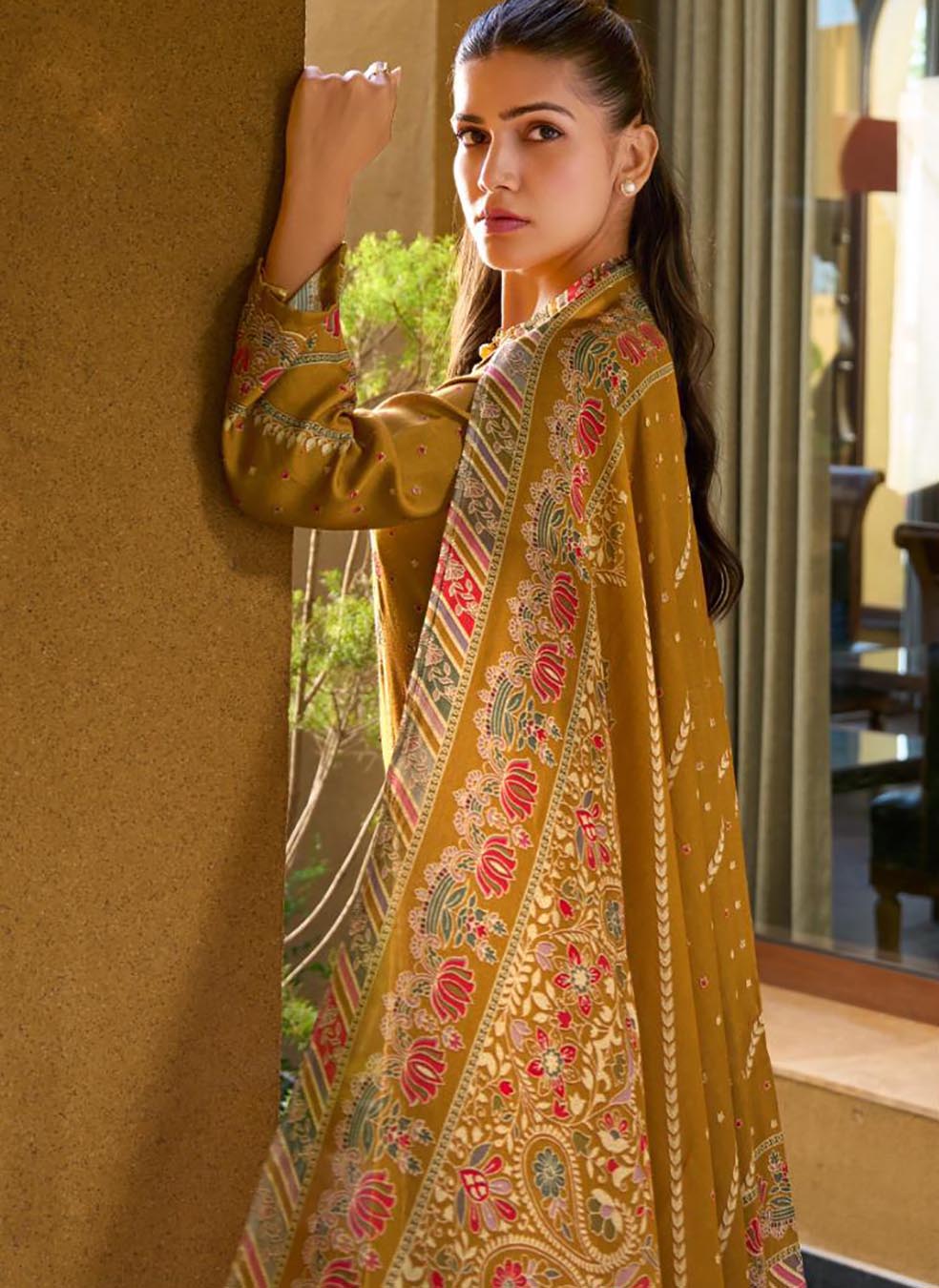 Party Wear Muslin Mustard Unstitched Suit Dress Material for Women