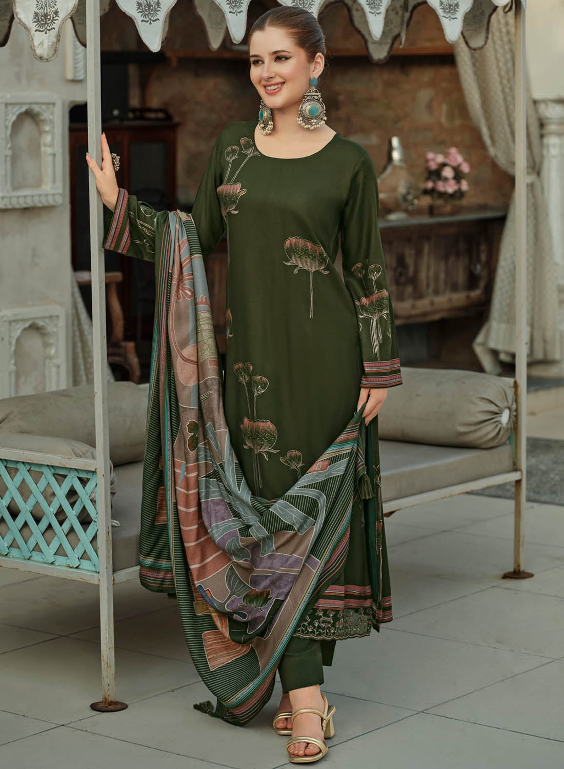 Green Pashmina Foil Print Unstitched Winter Suit Material with Embroidery