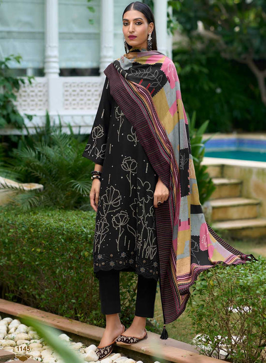 Black Unstitched Pashmina Winter Suit Dress Material with Fancy Embroidery