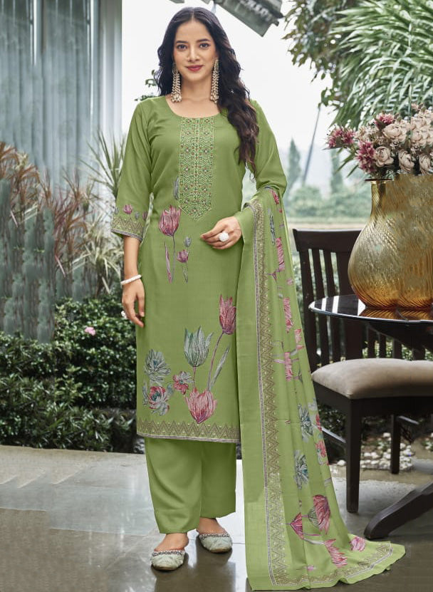 Green Pashmina Unstitched Winter Suit Dress Material with Neck Embroidery