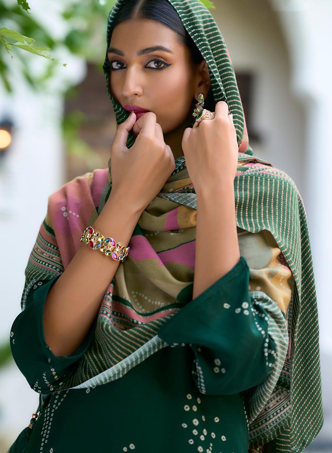 Green Unstitched Pashmina Winter Suit Dress Material with Fancy Embroidery