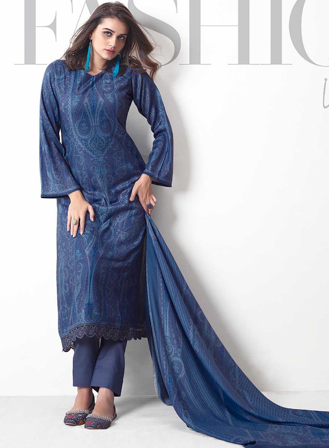 Blue Unstitched Pashmina Winter Salwar Suits Fabric for Ladies