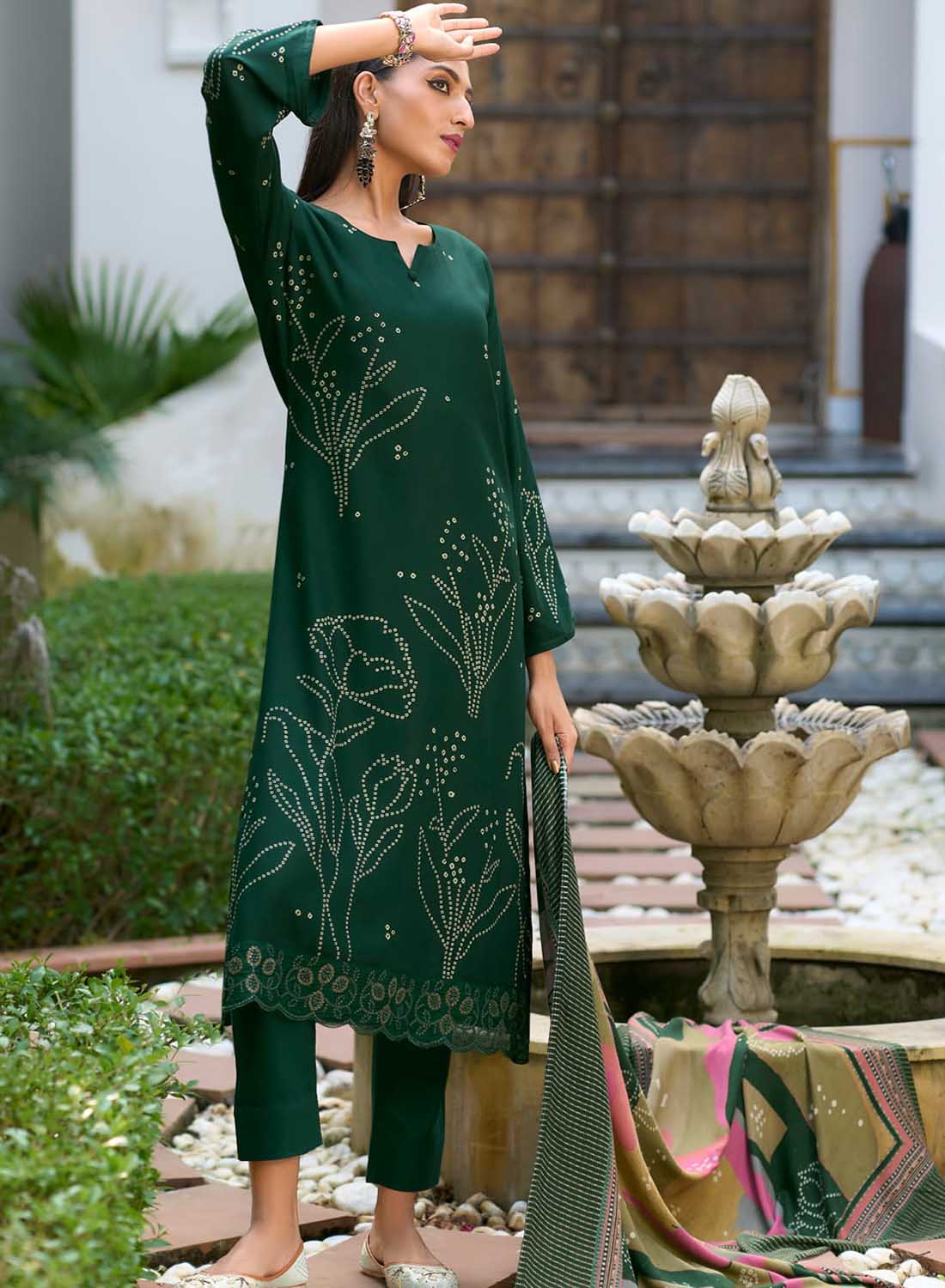 Green Unstitched Pashmina Winter Suit Dress Material with Fancy Embroidery