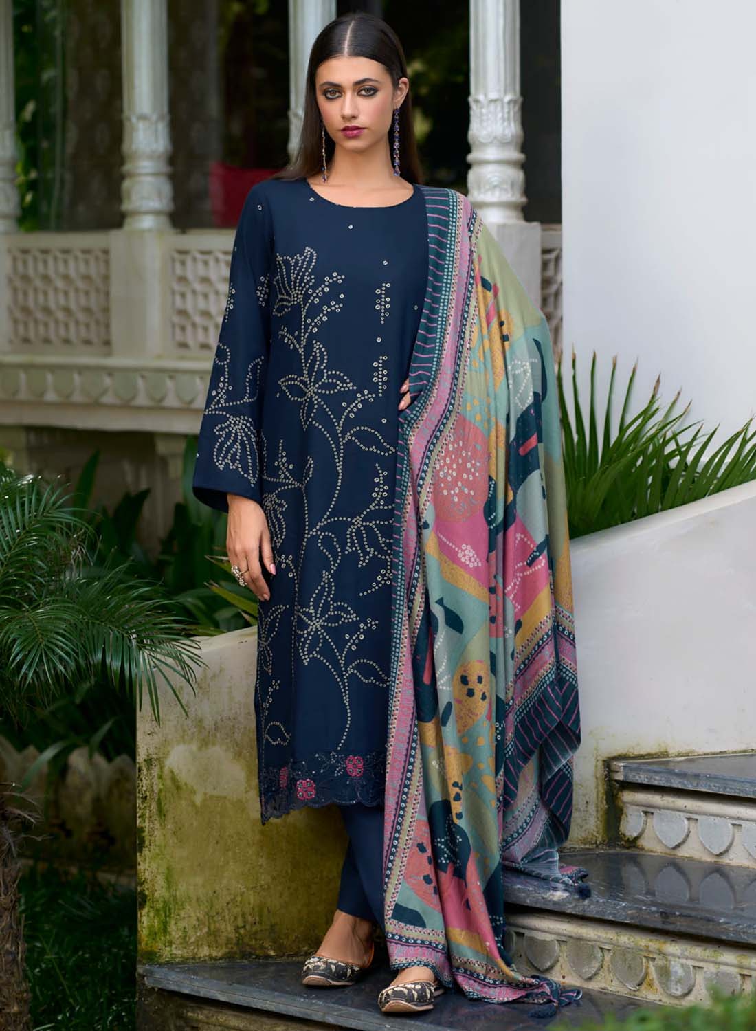 Blue Unstitched Pashmina Winter Suit Dress Material with Fancy Embroidery