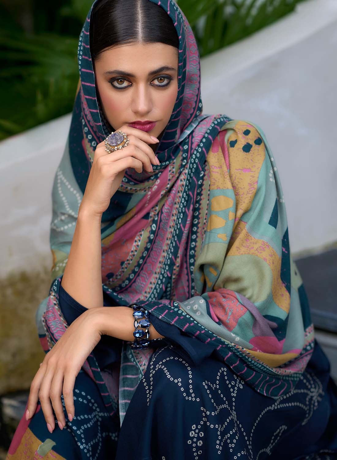 Blue Unstitched Pashmina Winter Suit Dress Material with Fancy Embroidery