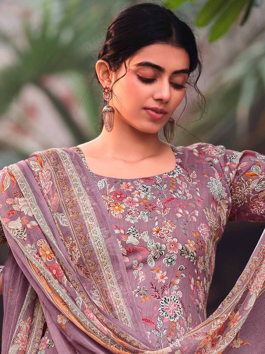 Unstitched Cotton Printed Suit Material with Embroidery Lilac Belliza