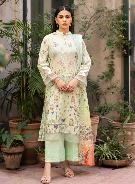 Gulljee Unstitched Green Printed Pakistani Lawn Suit Set with Embroidery