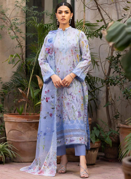Gulljee Blue Unstitched Printed Pakistani Lawn Suit with Embroidery