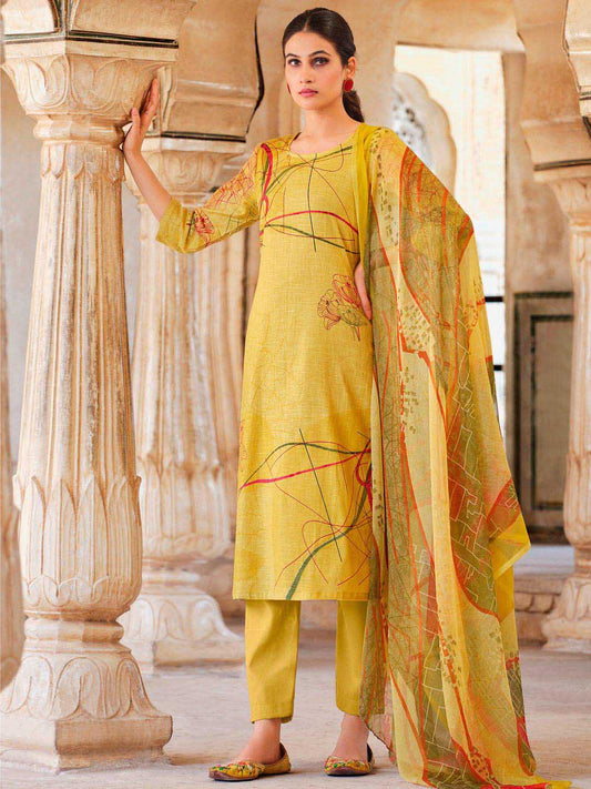 Belliza Cotton Linen Yellow Unstitched Women Suit Material