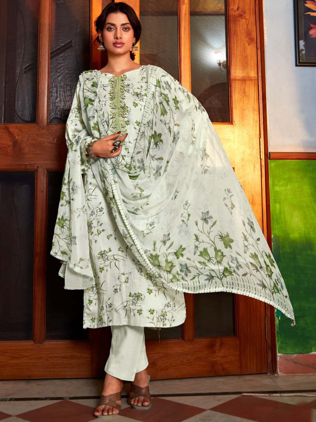 Zulfat Daily Wear Unstitched Cotton Suit Set Light Green Zulfat