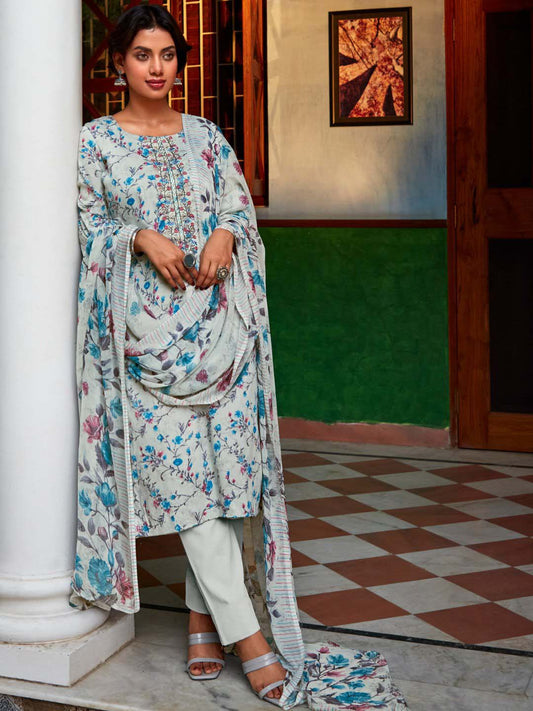 Zulfat Daily Wear Unstitched Cotton Suit Set Light Grey Zulfat