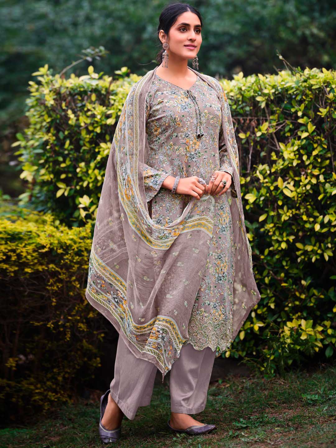 Unstitched Cotton Printed Suit Material with Embroidery Grey Belliza