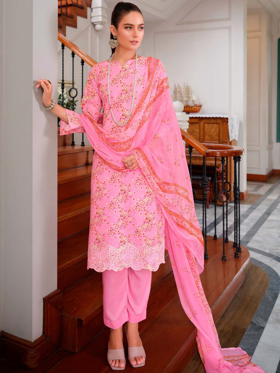 Belliza Cotton Linen Embroidered Unstitched Suit Set Light Pink Belliza