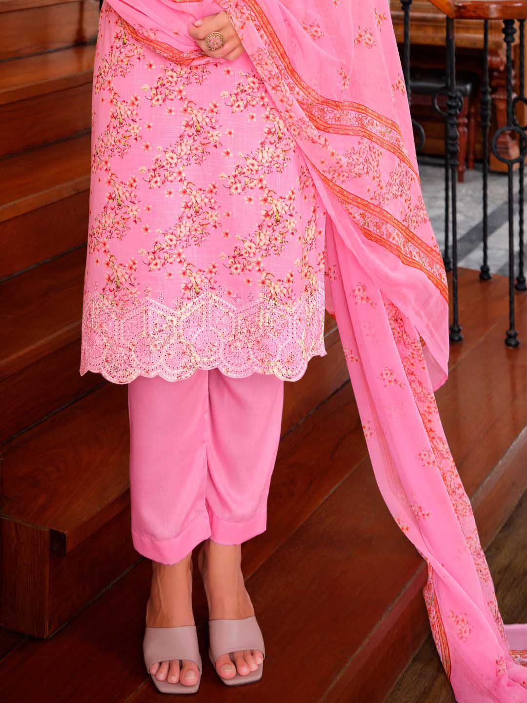 Belliza Cotton Linen Embroidered Unstitched Suit Set Light Pink Belliza