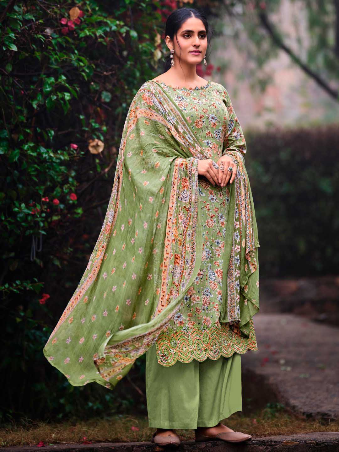Unstitched Green Cotton Women Salwar Suit Material with Embroidery