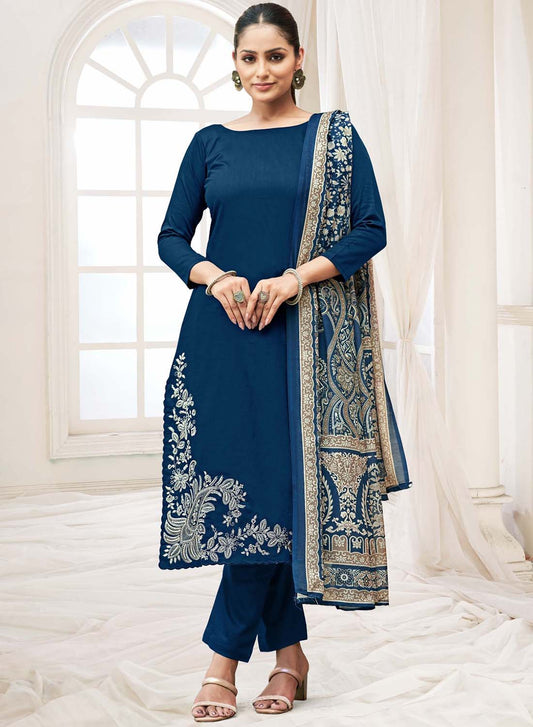 Blue Unstitched Woolen Pashmina Winter Suit Dress Material with Embroidery