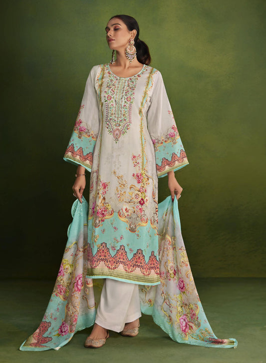Belliza Grey Cotton Pakistani Print Unstitched Women Suit Material Belliza