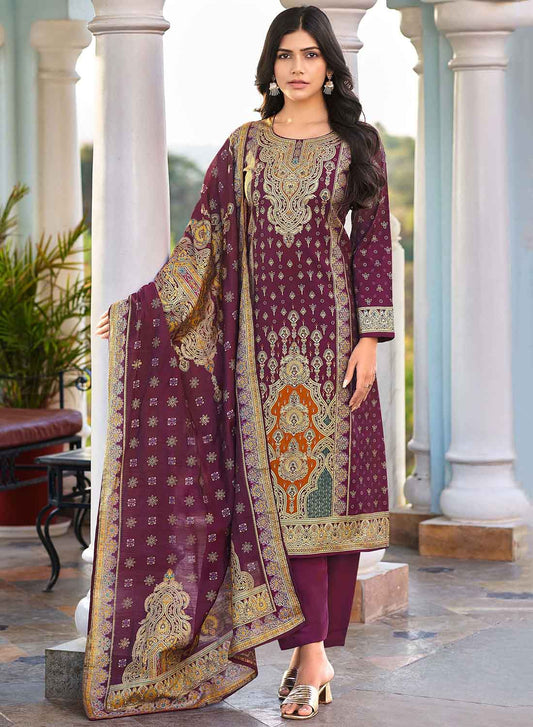 Pakistani Unstitched Muslin Salwar Suit Material with Gold Print for Women