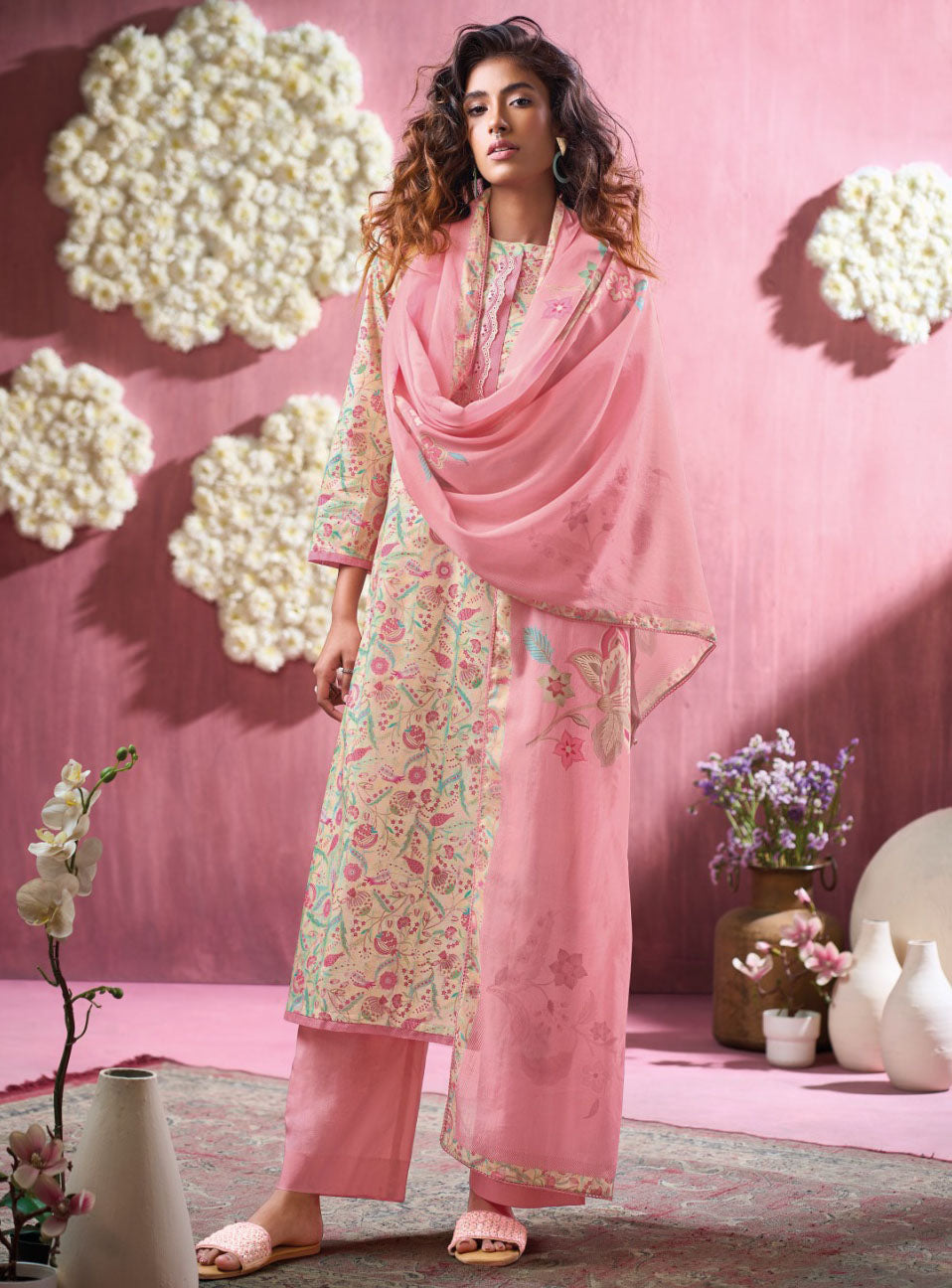 Ganga Cotton Satin Unstitched Suit Material with Cotton Dupatta