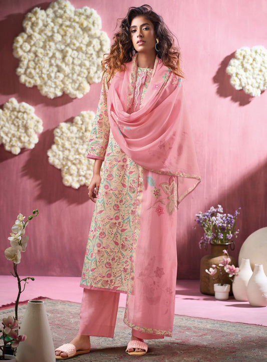 Ganga Cotton Satin Unstitched Suit Material with Cotton Dupatta
