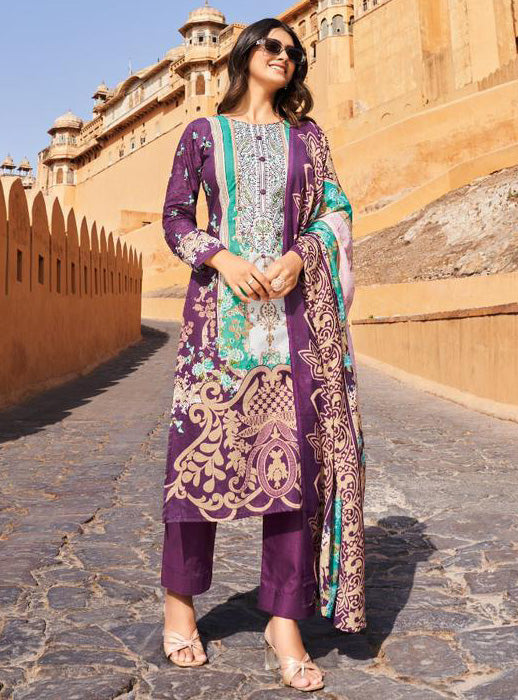 Purple Pure Cotton Cambric Pakistani Print Unstitched Suit for Women