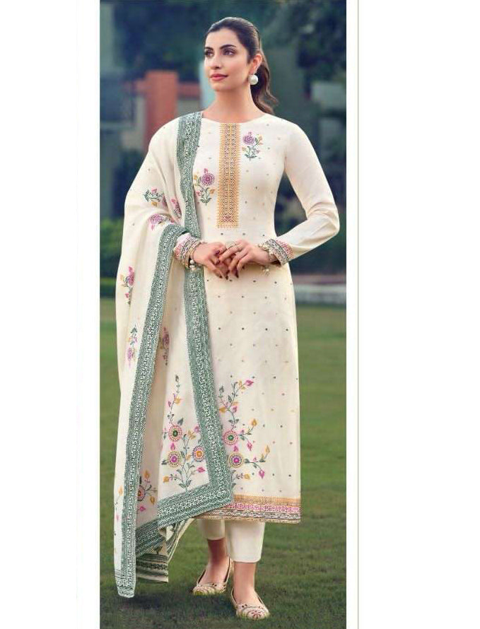 Unstitched White Pashmina Winter Woolen Suit Dress Material for Ladies Avon