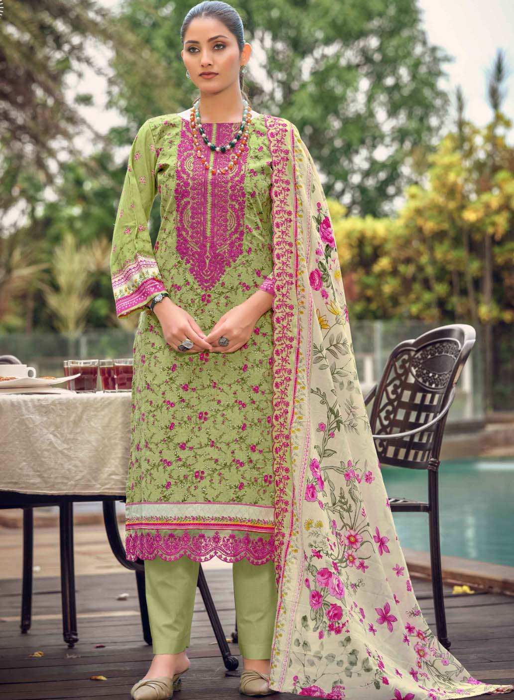Green Unstitched Pakistani Suit Material with Embroidery & Cutwork Dupatta