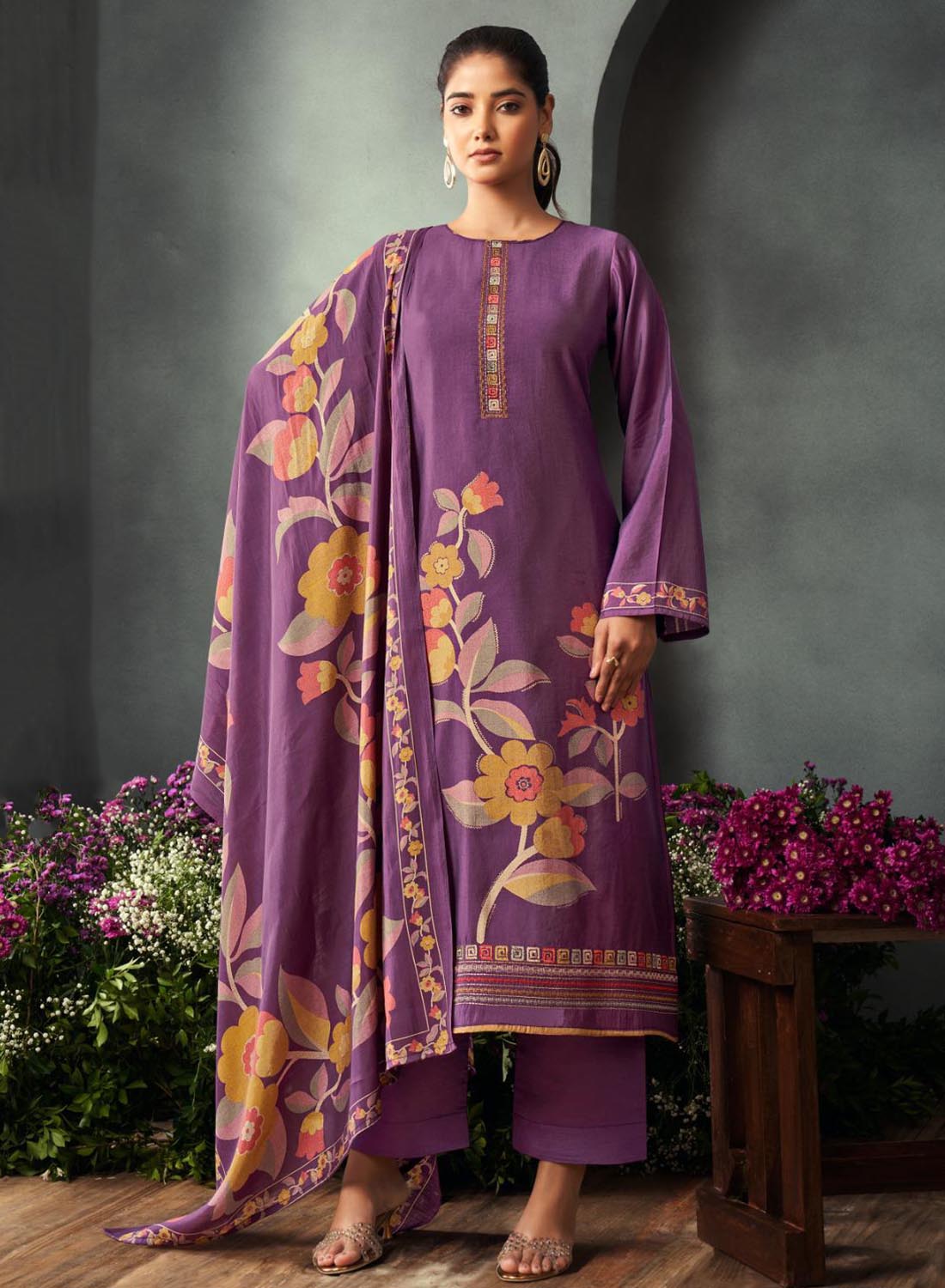 Purple Unstitched Pure Viscose Muslin Suit Dress Material with Embroidery