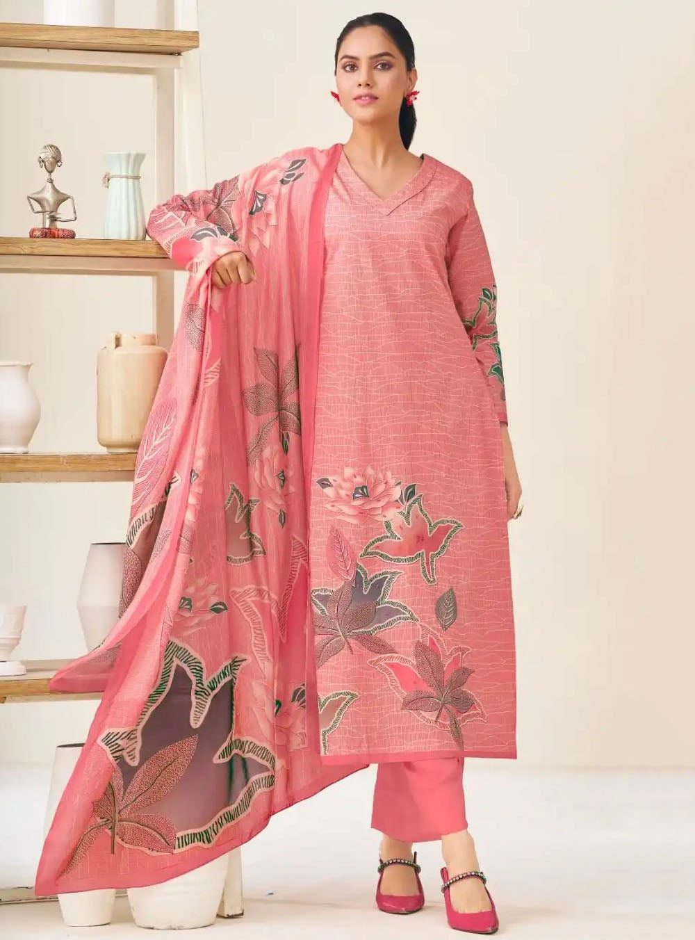 Pure Lawn Cotton Pink Unstitched Suit Set Material with Muslin Dupatta
