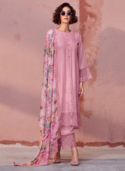 Party Wear Pure Muslin Pink Unstitched Suit Dress Material for Women