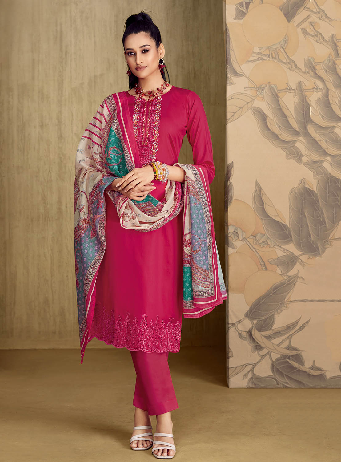 Belliza Women Unstitched Pink Cotton Salwar Suit Dress Material