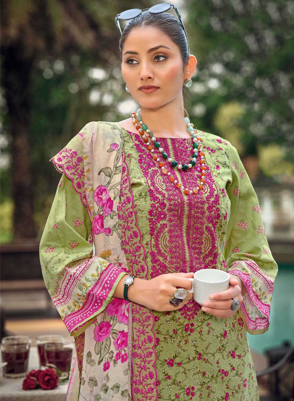 Green Unstitched Pakistani Suit Material with Embroidery & Cutwork Dupatta