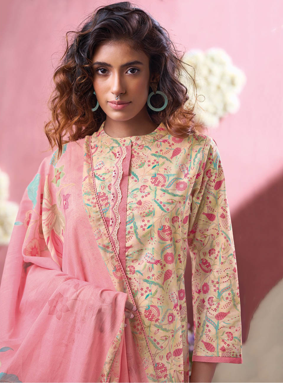 Ganga Cotton Satin Unstitched Suit Material with Cotton Dupatta