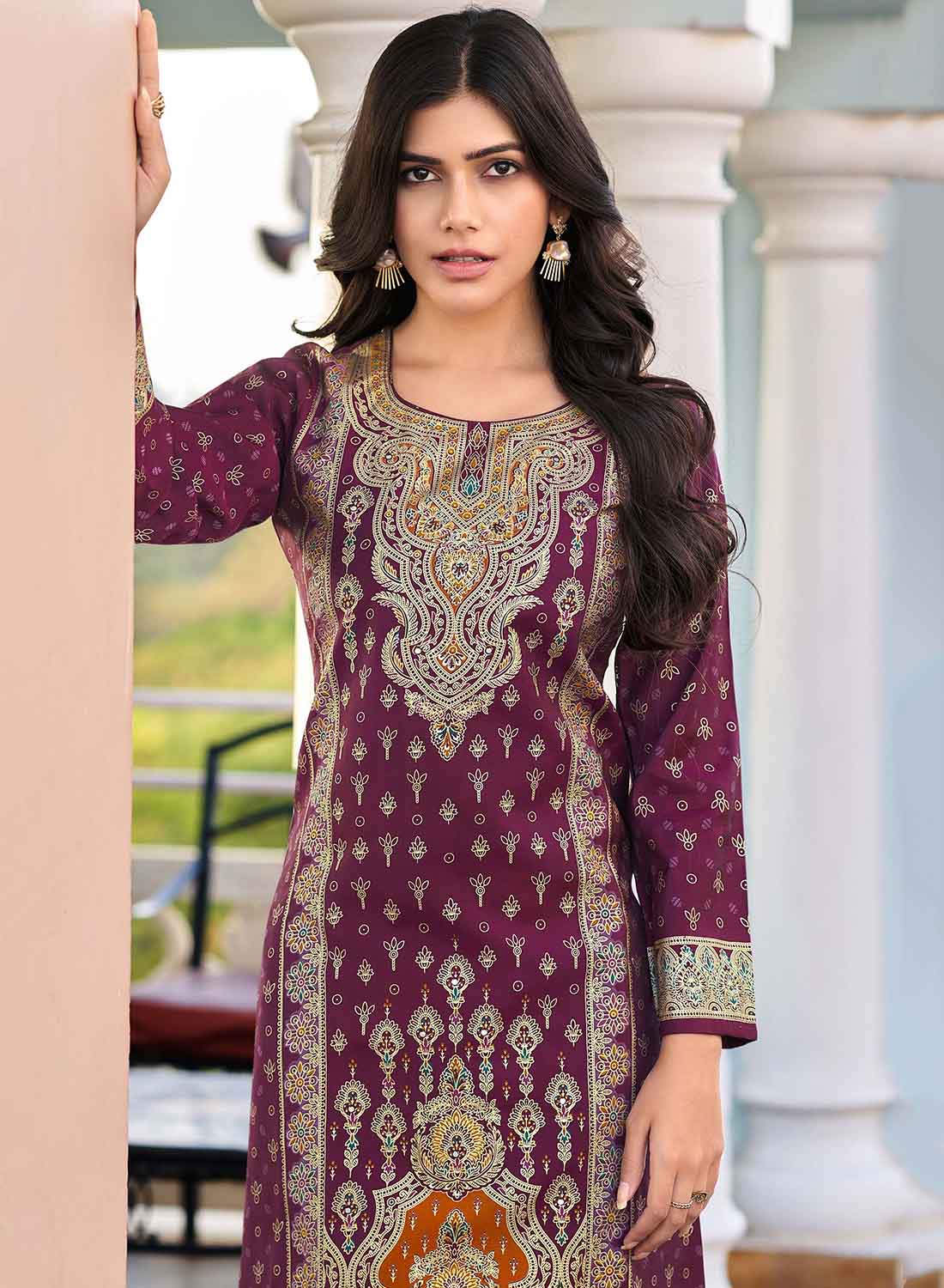 Pakistani Unstitched Muslin Salwar Suit Material with Gold Print for Women