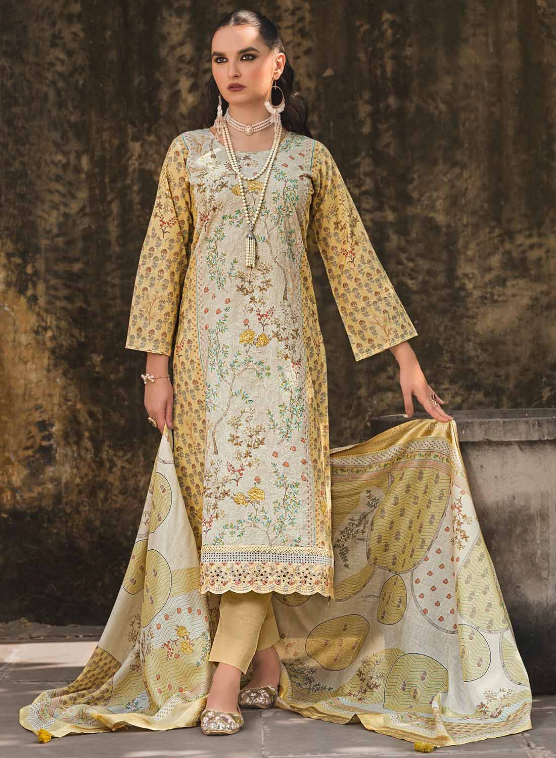 Pure Lawn Cotton Embroidered Unstitched Salwar Suit Fabric for Women