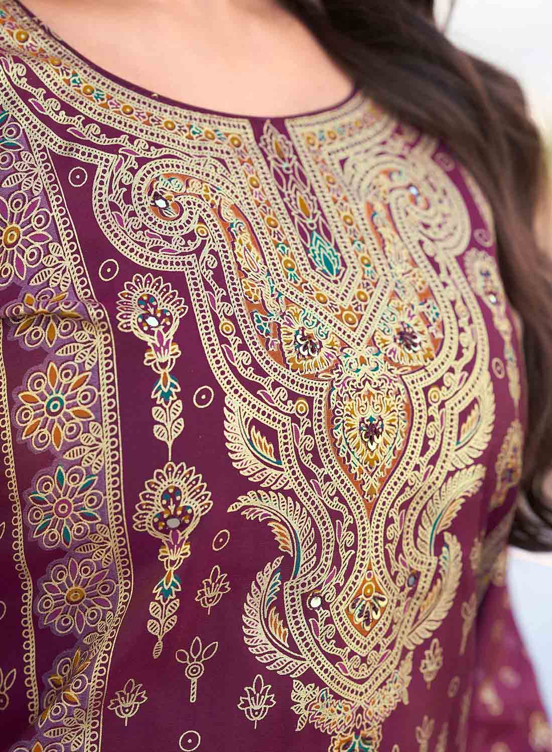 Pakistani Unstitched Muslin Salwar Suit Material with Gold Print for Women