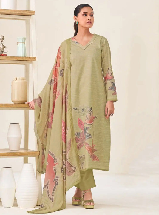 Pure Lawn Cotton Green Unstitched Suit Set Material with Muslin Dupatta