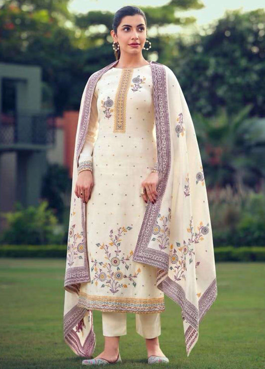 Unstitched White Pashmina Winter Woolen Suit Dress Material for Women Avon