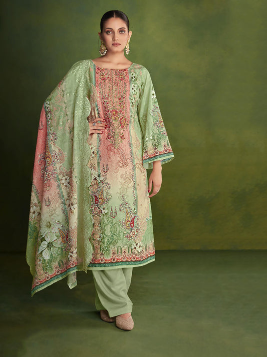 Belliza Green Cotton Pakistani Print Unstitched Women Suit Material Belliza