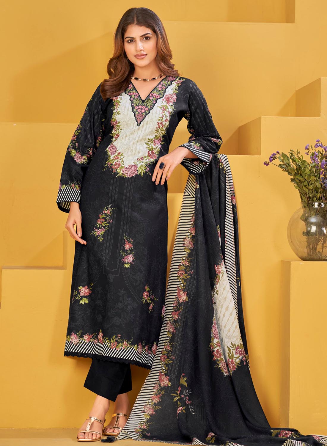 Pakistani Unstitched Cotton Suit Material for Women with Neck Embroidery Black