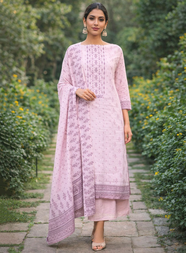 Daily Wear Pure Cotton Printed Pink Unstitched Suit Material for Women