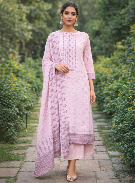 Daily Wear Pure Cotton Printed Pink Unstitched Suit Material for Women