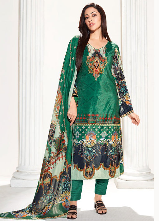 Yesfab Unstitched Green Printed Winter Velvet Suit Material for Ladies YesFab