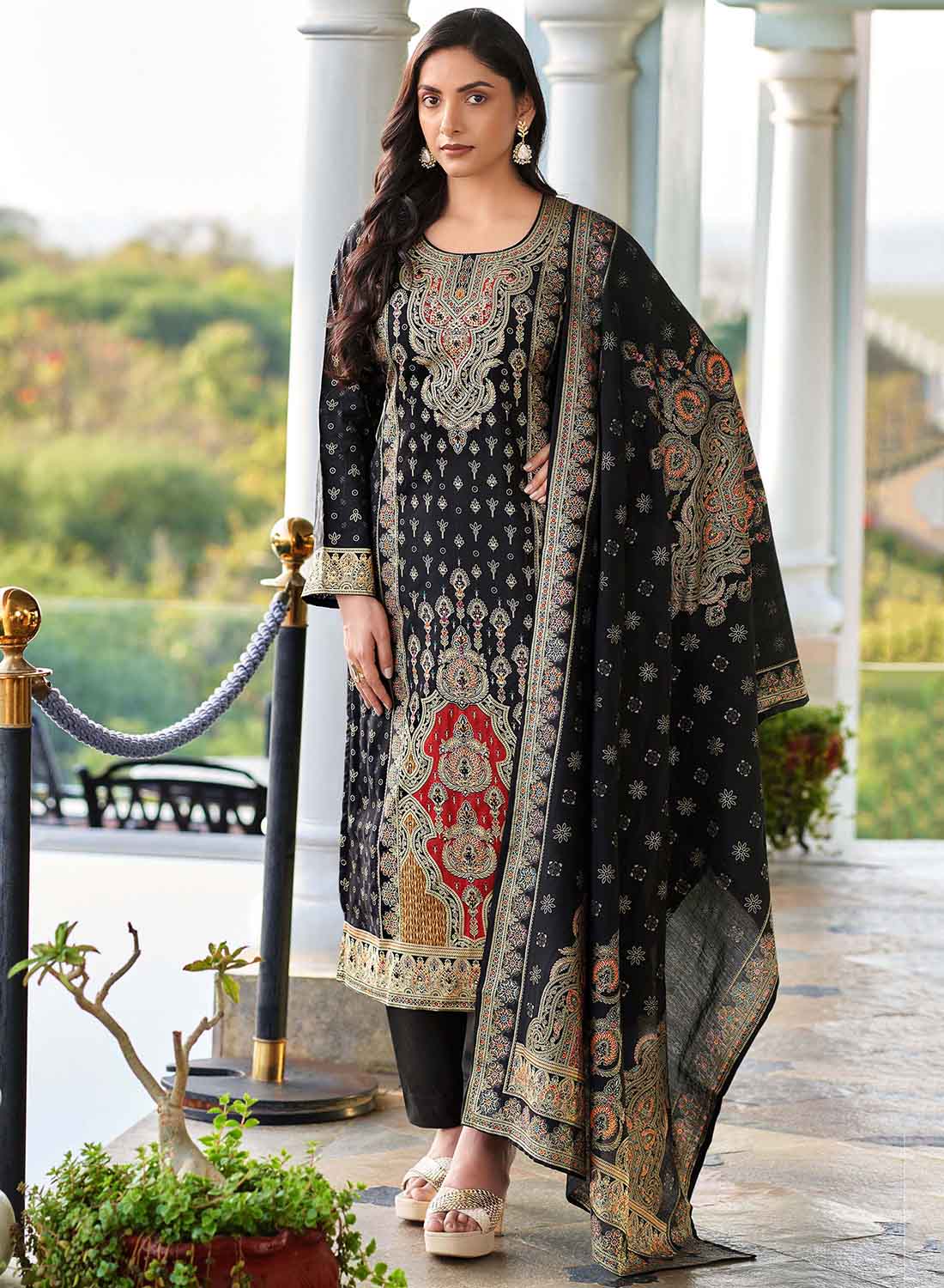 Black Pakistani Unstitched Muslin Salwar Suit Material with Gold Print for Women